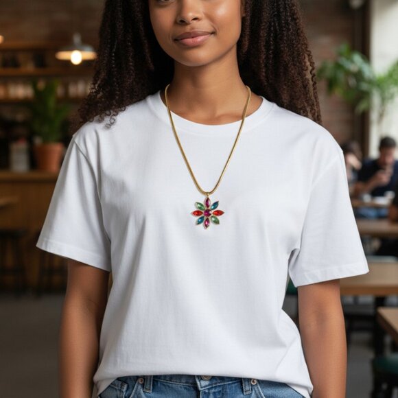 DESIGNER GRAZIANO MULTI COLOR RHINESTONE DAISY FLOWER GOLD CHAIN NECKLACE - Picture 12 of 12